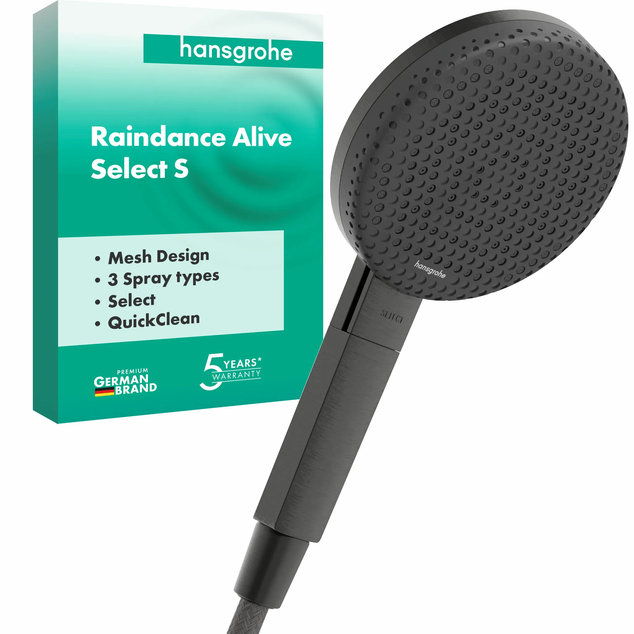 Hansgrohe Handbrause Raindance Alive Select S, 125 mm Brausekopfgröße, Brushed Black Chrome, 3 Strahlarten, QuickClean, Durchflussregler 12 l/min Hansgrohe Handbrause Raindance Alive Select S, 125 mm Brausekopfgröße, Brushed Black Chrome, 3 Strahlarten, QuickClean, Durchflussregler 12 l/min