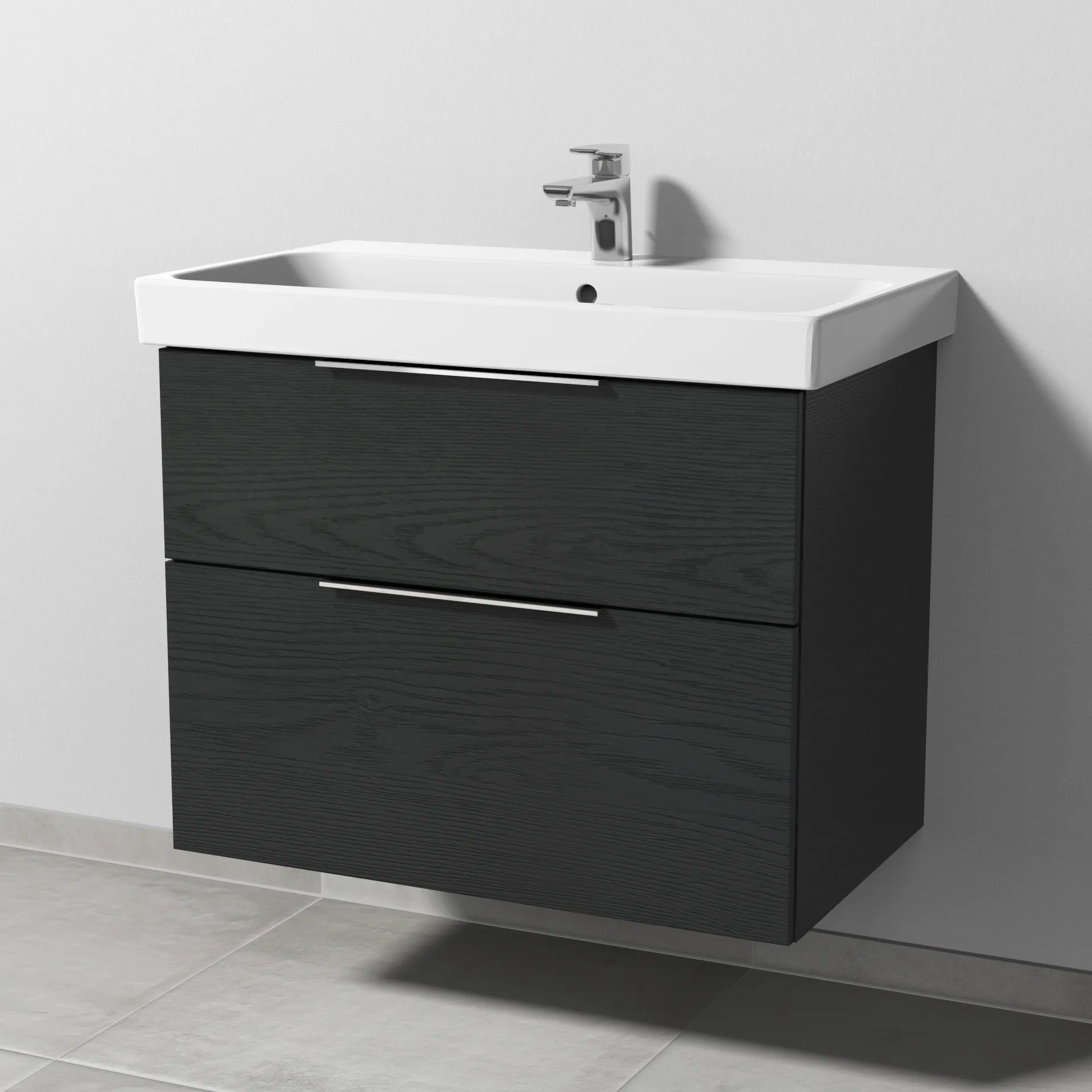 Sanipa Waschtischunterschrank „3way“ 750 × 588 × 453 mm in Black Oak, mit Hahnlochbohrung, Becken mittig