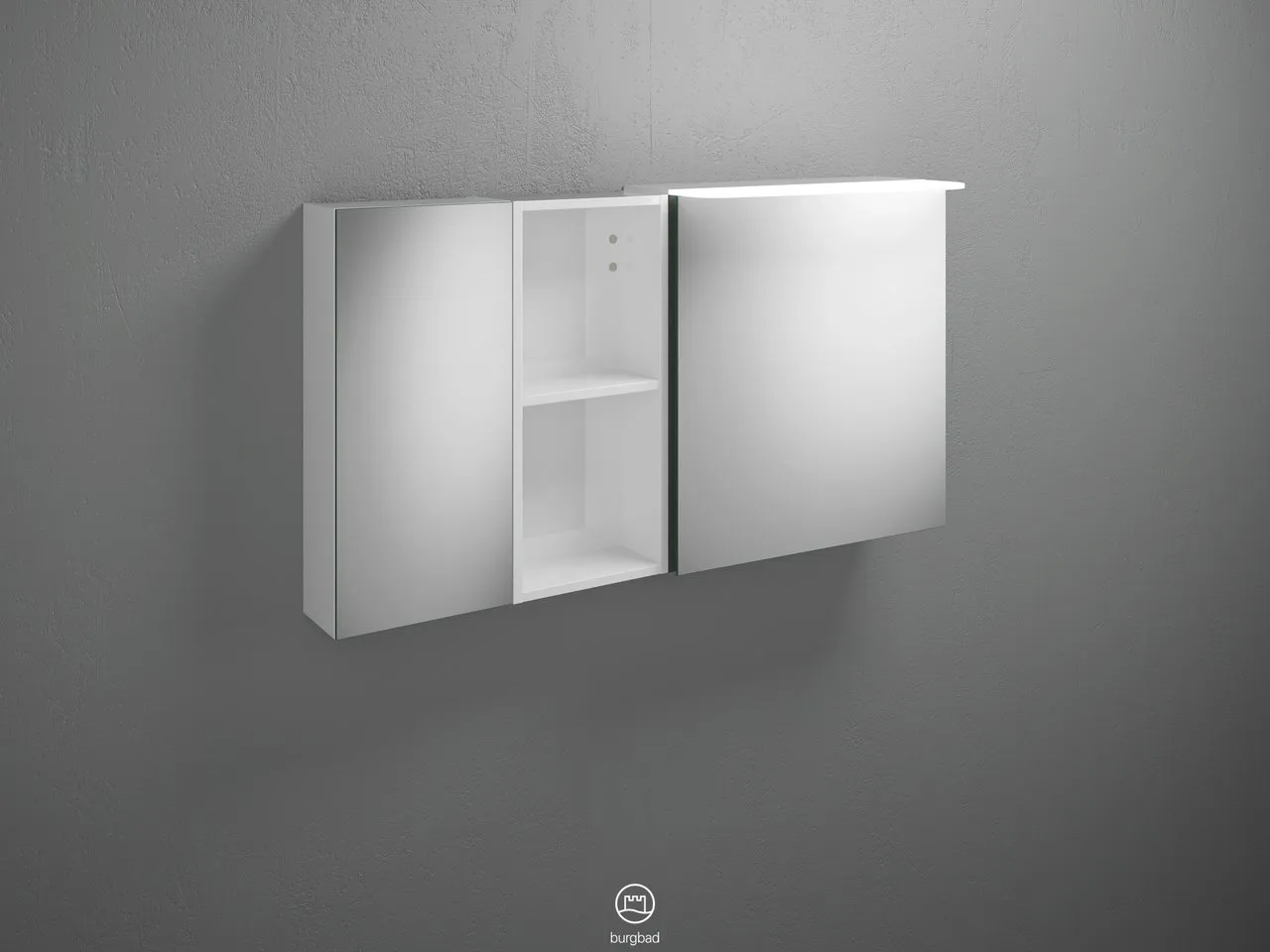 Burgbad Spiegelschrank Badu SFTX120, 310x1200x665 mm, 2 beidseitig verspiegelte Türen, LED-Aufsatzleuchte 4200 K, Schalter-Steckdosenelement