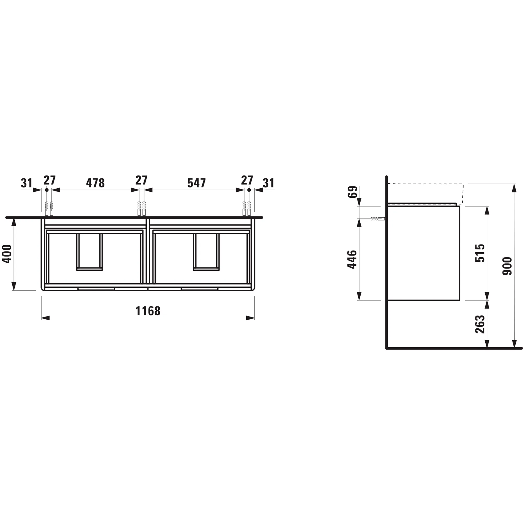 Waschtischunterbau JUNA für VAL 400x1168x515 4 Schubladen mit Griffmulde für Waschtisch H814282 weiß matt