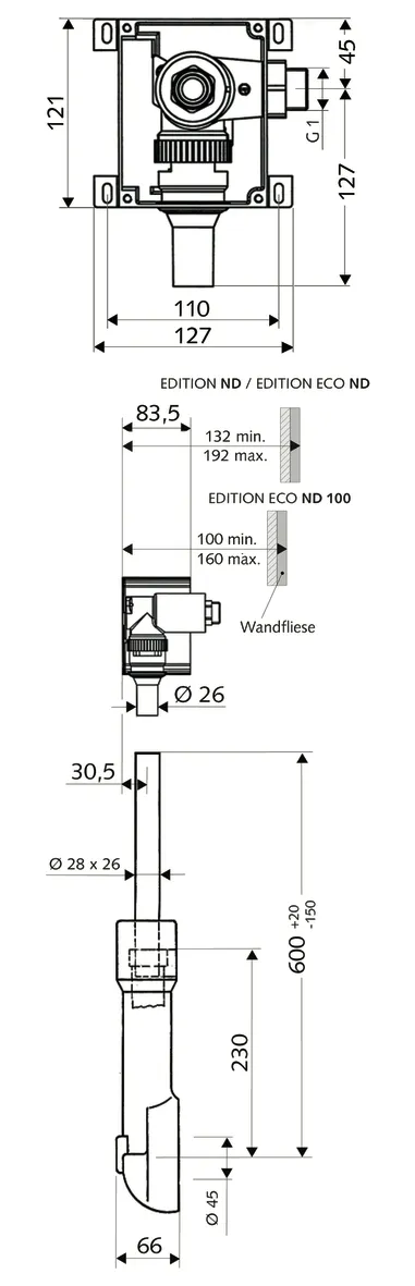 Unterputz-WC-Druckspüler COMPACT II ND, Masterbox, Rohrunterbrecher (DIN EN 12541), DN 25 G 1 AG (rechts), Spülrohr Ø 45 mm