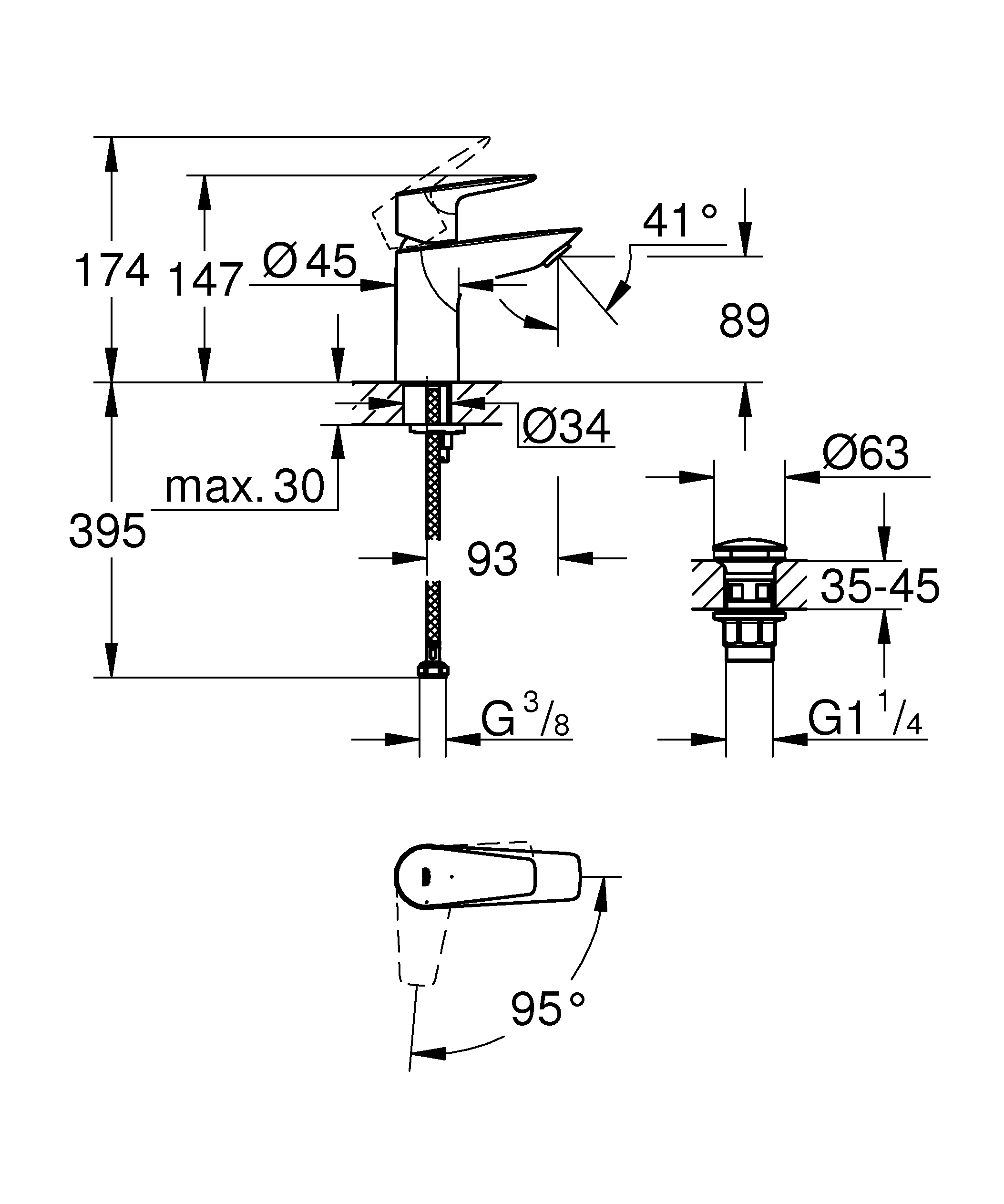 Einhand-Waschtischbatterie BauEdge 23899_1, S-Size, Einlochmontage, Energie-Sparfunktion Mittelstellung kalt, mit Temperaturbegrenzer, LowFlow 3,5 l/min Mousseur, Push-open Ablaufgarnitur aus Kunststoff 1 1/4″, chrom