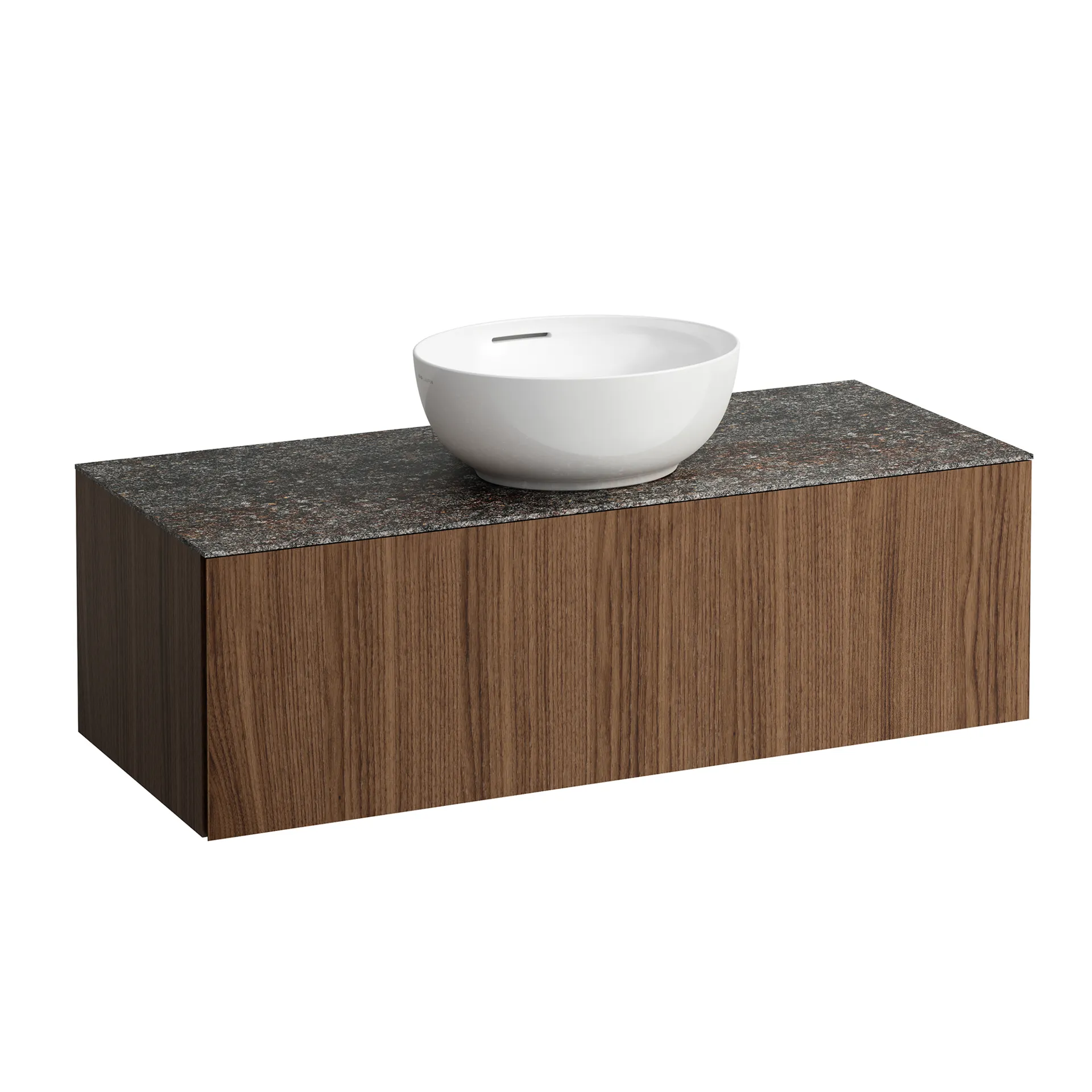 Schubladenelement (Waschtischunterbau+Waschtischplatte) ILBAGNOALESSI 500x1200x370 1 Schublade integrierte versteckte Griffe seitlich Vollauszug Soft-Close Ausschnitt mitte Marrone Naturale Top passend zu Waschtisch H818975/6 H818977/8 Weiß matt