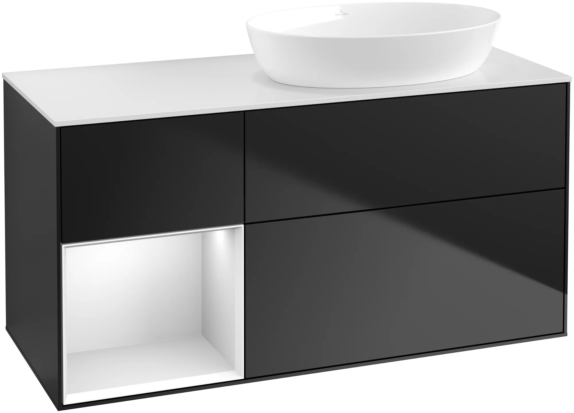 Villeroy & Boch Finion Waschbeckenunterschrank FA4, 1200x603x501mm, mit Beleuchtung, 3 Auszüge, Black Matt Lacquer / White Matt Lacquer / Glass White