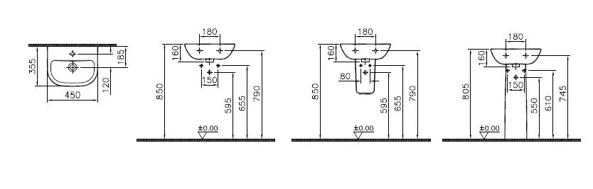 VitrA S20 Handwaschbecken 45 x 36 cm mit Hahnloch und Überlaufloch, Weiß Hochglanz