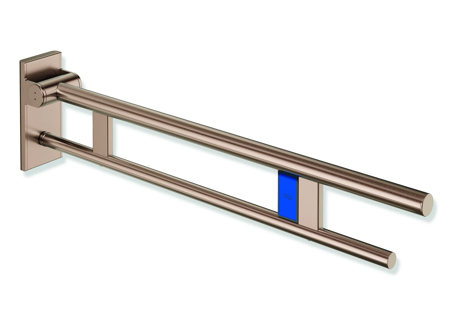HEWI Stützklappgriff Duo System 900, Design A, PVD Kupfer gebürstet, Ausladung 850 mm, Funk-Spülauslösung, links, passend zu WC-Funkspülsystemen von