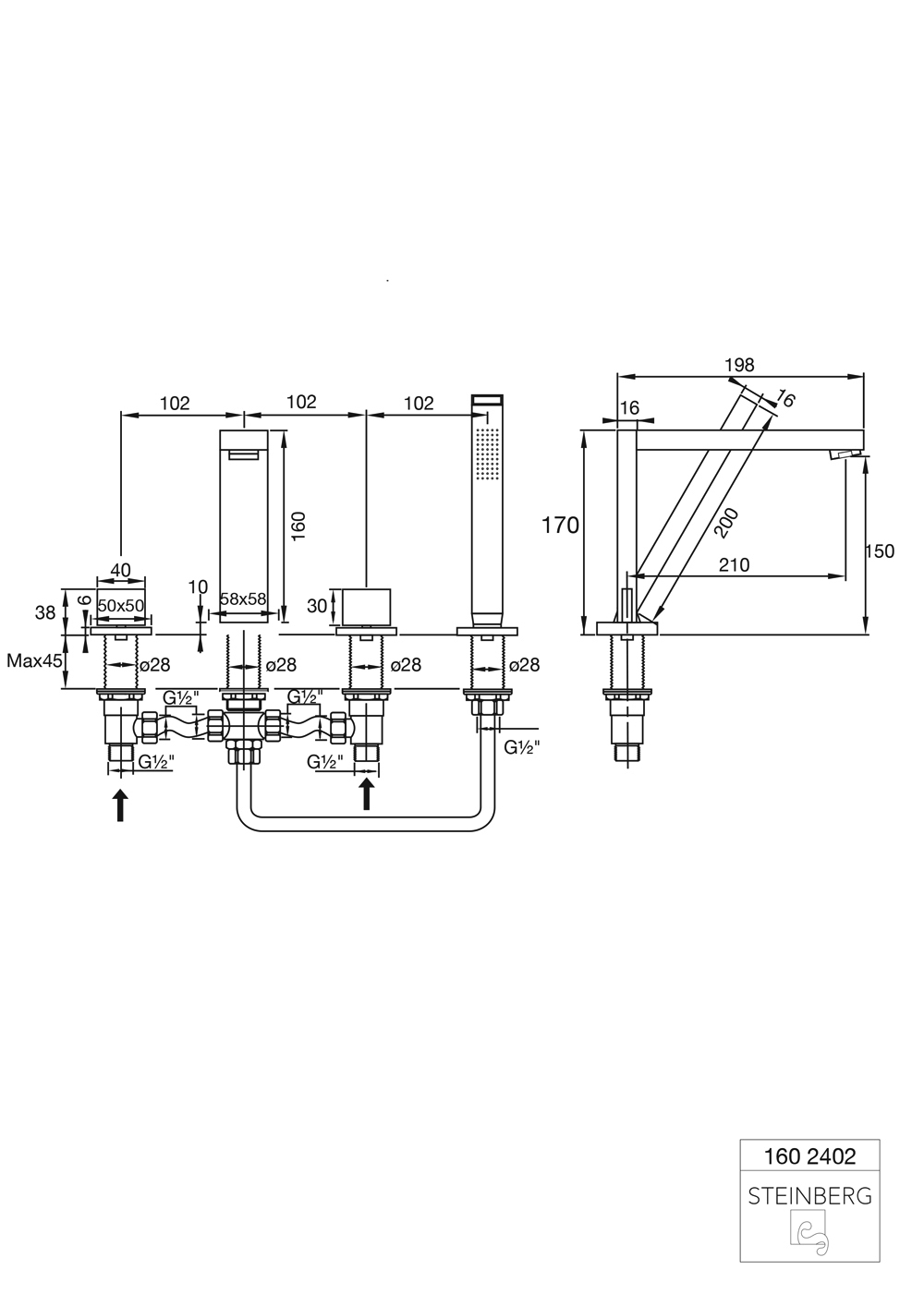 Serie 160 4-Loch Wanne/Brause-Standarmatur, mit Handbrause, Ausladung: 21 cm Serie 160 4-Loch Wanne/Brause-Standarmatur, mit Handbrause, Ausladung: 21 cm