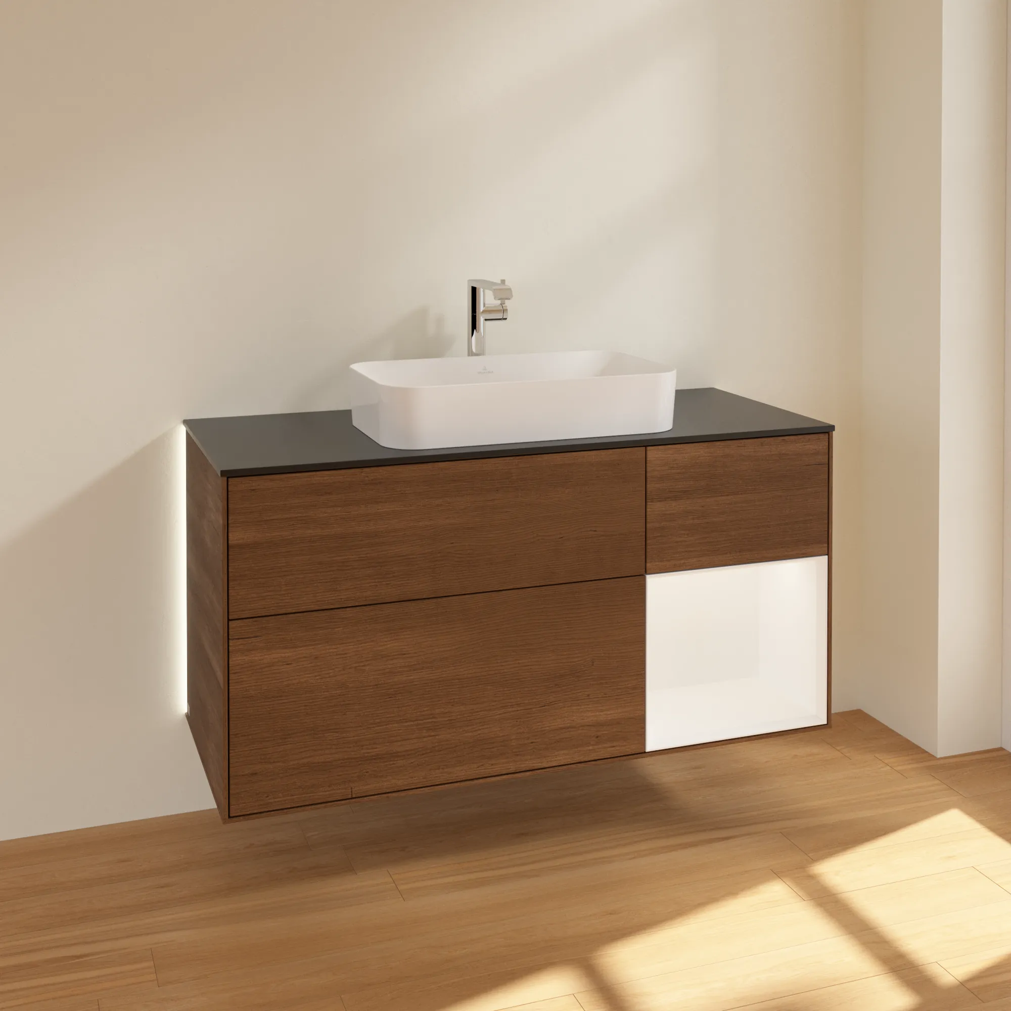 Villeroy & Boch Waschtischunterschrank „Finion“ für Schrankwaschtisch 1200 × 603 × 501 mm Walnut Veneer, mit Hahnlochbohrung, für Becken mittig Villeroy & Boch Waschtischunterschrank „Finion“ für Schrankwaschtisch 1200 × 603 × 501 mm Walnut Veneer, mit Hahnlochbohrung, für Becken mittig