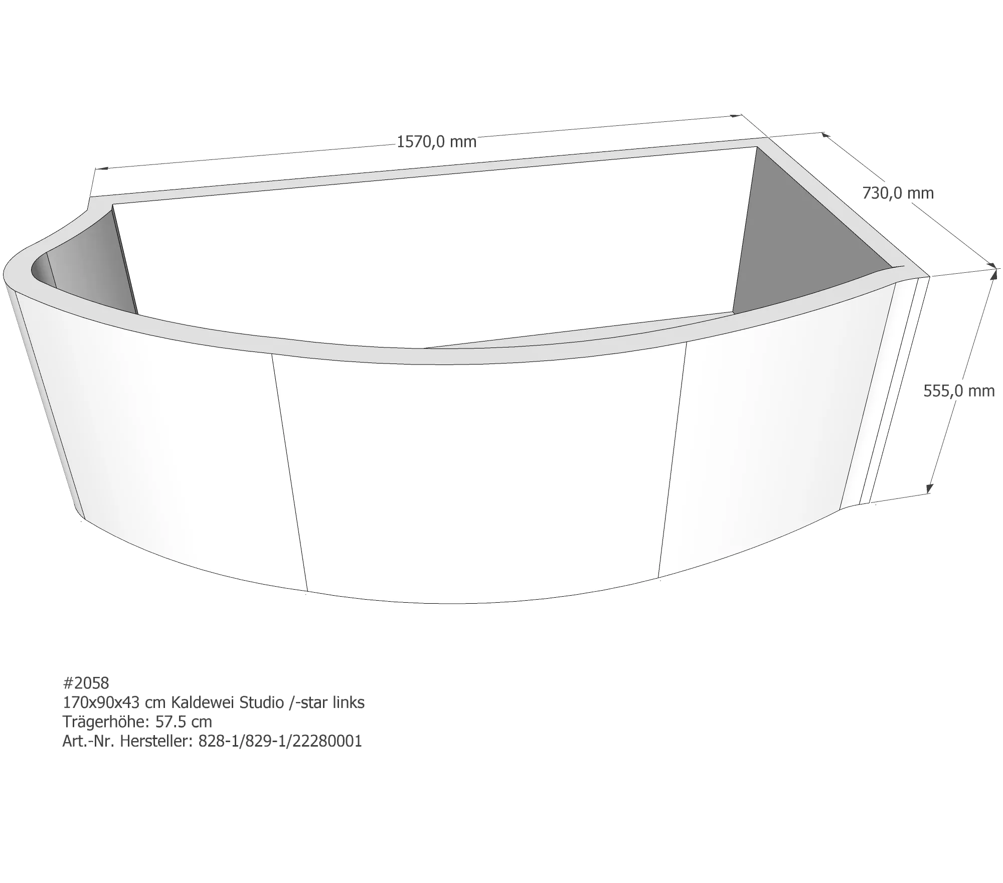Badewannenträger passend für Kaldewei Studio links 170 × 90 × 43 cm